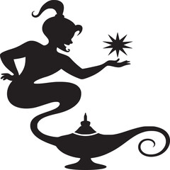 Silhouette of a genie coming out of a lamp and holding a star in her hand on a white background