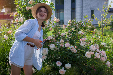 Portrait of happy gardener picking rose white flowers. Woman holds pruner enjoying outdoor hobby walking in garden at sunset.