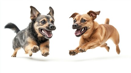 Obraz premium Two Small Dogs Running Happily on White Background