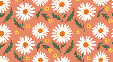 Lively pattern of daisies with white petals and orange centers on solid pink background