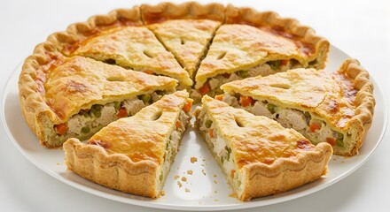 Chicken Pot Pie Slices: A delicious, golden-brown chicken pot pie, freshly baked and sliced into eight generous portions, is presented on a white plate, showcasing its flaky crust and savory filling.