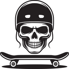 Skull wearing helmet on skateboard in black and white graphic illustration design on beige background