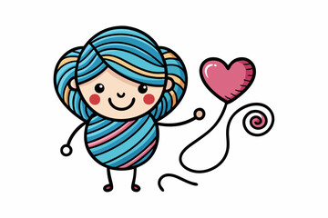 Black and white line art illustration of a ball of yarn with a crochet hook and a heart-shaped thread loop. 