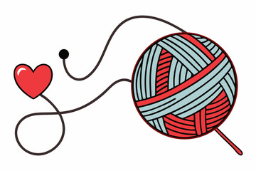 Black and white line art illustration of a ball of yarn with a crochet hook and a heart-shaped thread loop. 