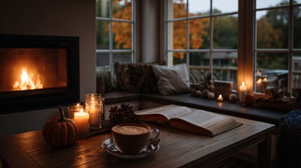 Cozy Autumn Evening with Coffee, Candles, and Warm Fireplace