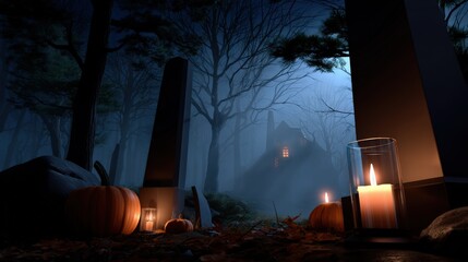 Eerie Halloween Scene with Pumpkins and Flickering Candles at Night