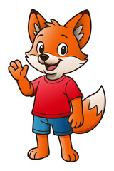 Cute cartoon fox mascot character waving and smiling, wearing red t-shirt and blue shorts. Full body isolated on white background. Friendly animal mascot illustration for branding and storytelling