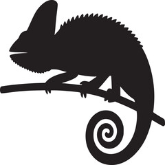 Silhouette of a chameleon perched on a branch with a curled tail against a white background