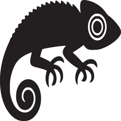 A simple black silhouette of a chameleon with a curled tail on a light beige background illustration