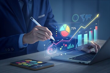 Businessman analyzing data with interactive holographic charts