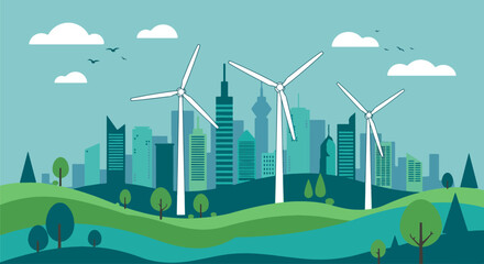 Three white wind turbines in front of a modern city skyline with rolling green hills