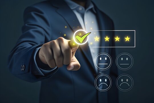 Businessman selecting positive customer feedback and ratings