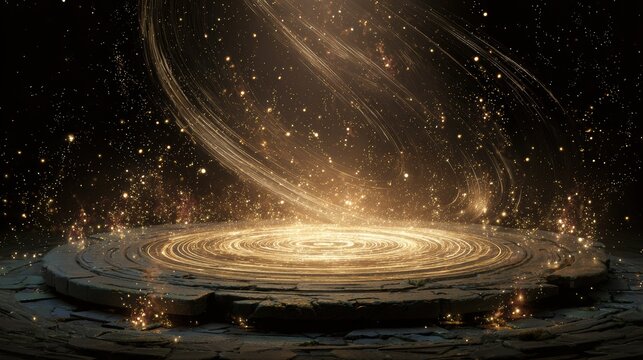 A circular platform with glowing concentric rings and golden particles against a dark background with light streaks