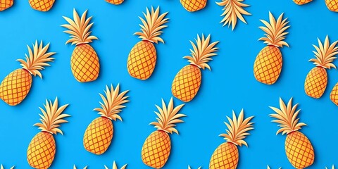 Fototapeta premium Seamless pineapple pattern, paper cut origami style, vibrant blue background, blue background, repeat