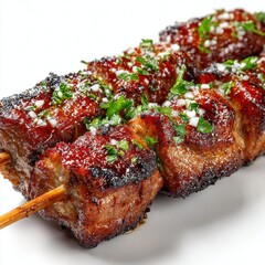 Glazed Kebabs: Appetizing Grilled Meat Skewers with Herbs on White
