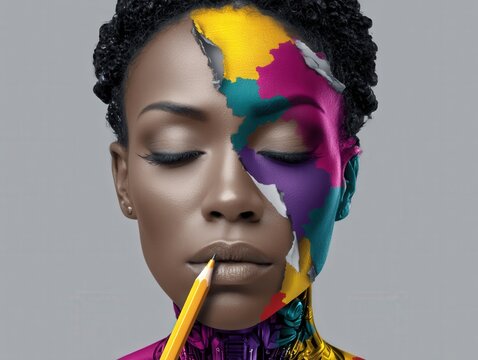 Enigmatic portrait of a woman with colorful paint fragmenting her face revealing an abstract creative essence captured in remarkable detail emphasizing digital identity and inner transformation