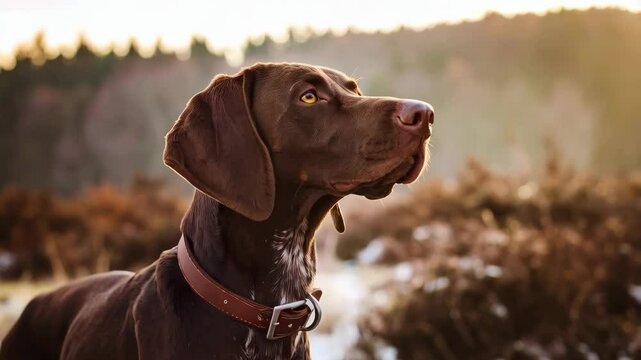 Chocolate brown pointer dog portrait in a field, wearing a collar, attentive expression, focused gaze towards the top right, hunting dog, outdoor scene.
