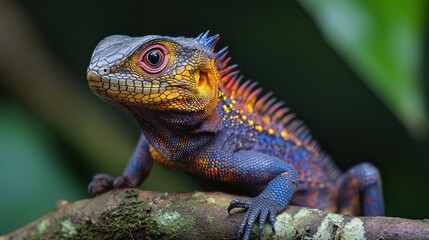 Fototapeta premium Striking close-up of a vividly colored forest lizard perched on a mossy branch