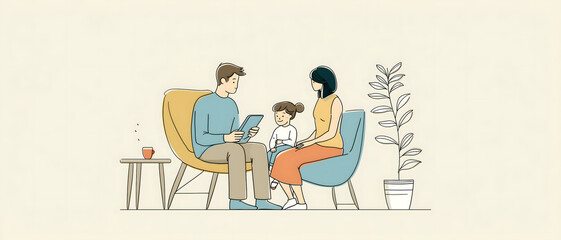 Minimalist illustration of a modern family sitting together—father with a tablet, mother and child interacting—set in a cozy indoor space.

