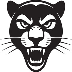 A black and white graphic illustration of a snarling panther head with sharp teeth showing clearly