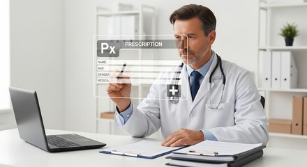 Doctor filling out digital prescription form on holographic screen in office. He is holding a pen & wearing a stethoscope. Desk with laptop and files visible.