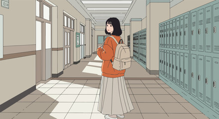 Young female student in red jacket and white skirt standing alone in school hallway with green lockers