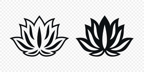 Flat Single Color Vector Lotus Flower Icon Set. Monochrome Floral Symbol. Lotus Silhouette Design for Yoga and Spa Logo. Botanical and Nature Emblem Set. Elegant Flower Clipart
