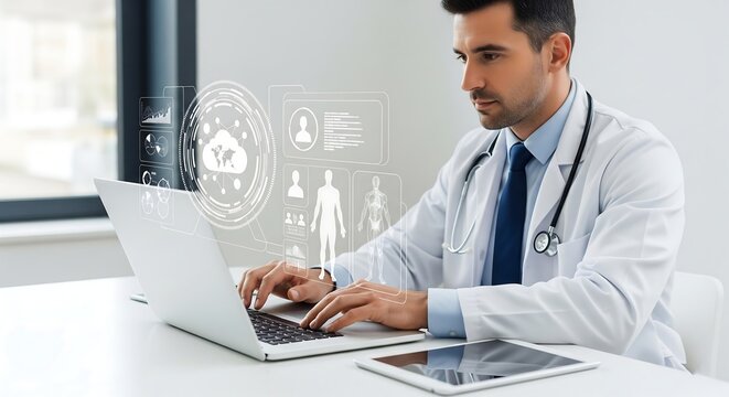 Doctor working on a laptop with futuristic medical interface. He wears a white coat and stethoscope. Digital health and technology are featured.