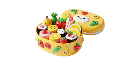 Cartoon Bento Box Illustration with Sushi Fruits and Vegetables Against Transparent Background