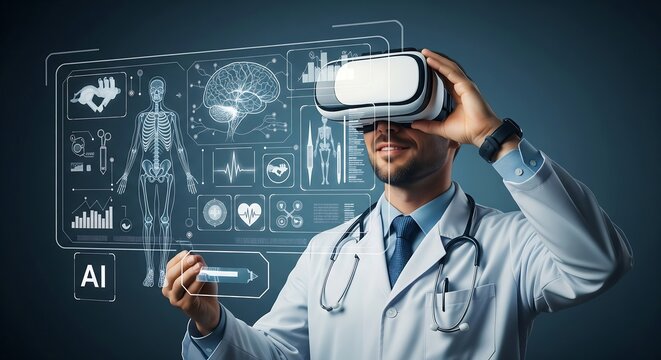 Doctor in VR headset interacting with virtual medical interface displaying human anatomy, brain, heart, and AI elements. Futuristic healthcare concept.