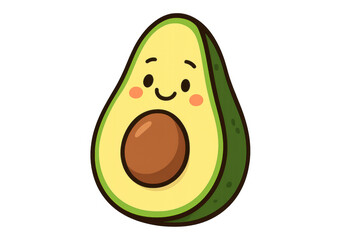 Half an avocado featuring a kawaii face, smiling joyfully against a transparent background, radiating charm and cuteness