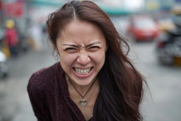 Woman portrait funny face on a city street