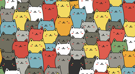 Cartoon cats in a densely packed, unified group with vibrant colors
