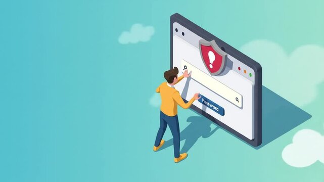 Isometric illustration of person entering password on secure website protection