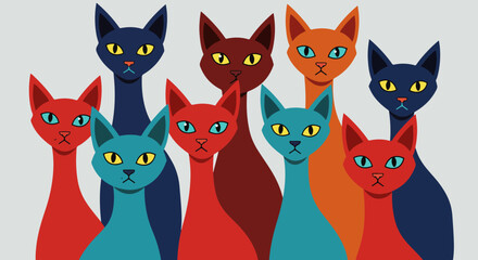 Obraz premium Eight cartoon cats in various colors and poses arranged closely together