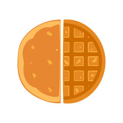 Creative vector illustration showing a circle breakfast divided into half a pancake and half a waffle. Suitable for menu design, bakery, pastry, cooking, food blog, coffee shop and breakfast concept.
