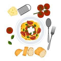 Golden spaghetti pasta plate with red tomato sauce, bread, cheese, fork, spoon, delicious and refreshing, top view. Delicious food vector illustration set for menu design, poster, and background.

