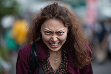 Woman portrait funny face on a city street