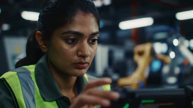 Focused engineer meticulously examining robotic technology within bustling factory