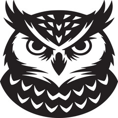 A stylized black and white owl head with sharp features on a plain background in a simple design