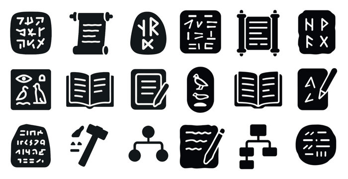 Ancient writing solid icons set – filled, historical, rune and scroll symbols