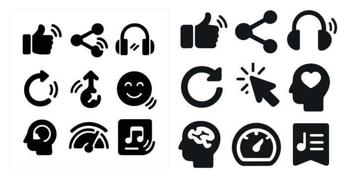 Social media and communication icons set – solid, filled, sharing and engagement