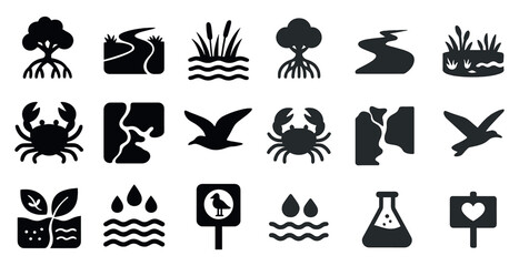 Fototapeta premium Nature and wildlife icons set – silhouette, solid, flora and fauna symbols
