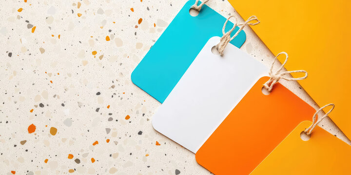 Four blank tags in turquoise, white, orange, and yellow lie diagonally on a speckled surface. Concept: organization, color coding, labeling, stationery, design