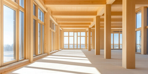 An open, spacious room features large wooden beams and floor-to-ceiling windows, with sunlight streaming in. Modern architecture, minimalist design