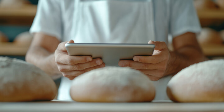 A person wearing a white apron holds a tablet in front of several loaves of bread. Bakery technology and modern business