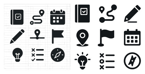 Navigation and planning solid icons set – journey, route, schedule symbols