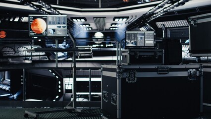 Fototapeta premium Laptop inside high tech spaceship control bay displaying diagnostics and mission telemetry. Notebook monitor in orbit station shows performance metrics and onboard system navigation support