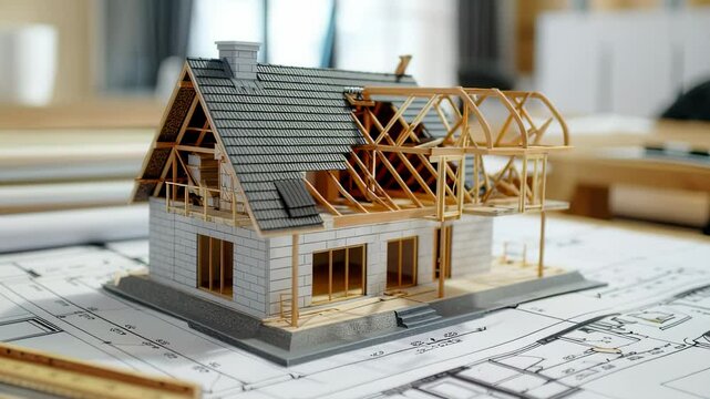 Architectural model of a house under construction on blueprints, detailed design, scale model, construction planning, interior design