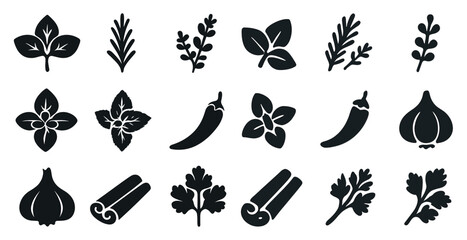 Herbs and spices solid icons set – filled, silhouette, culinary symbols